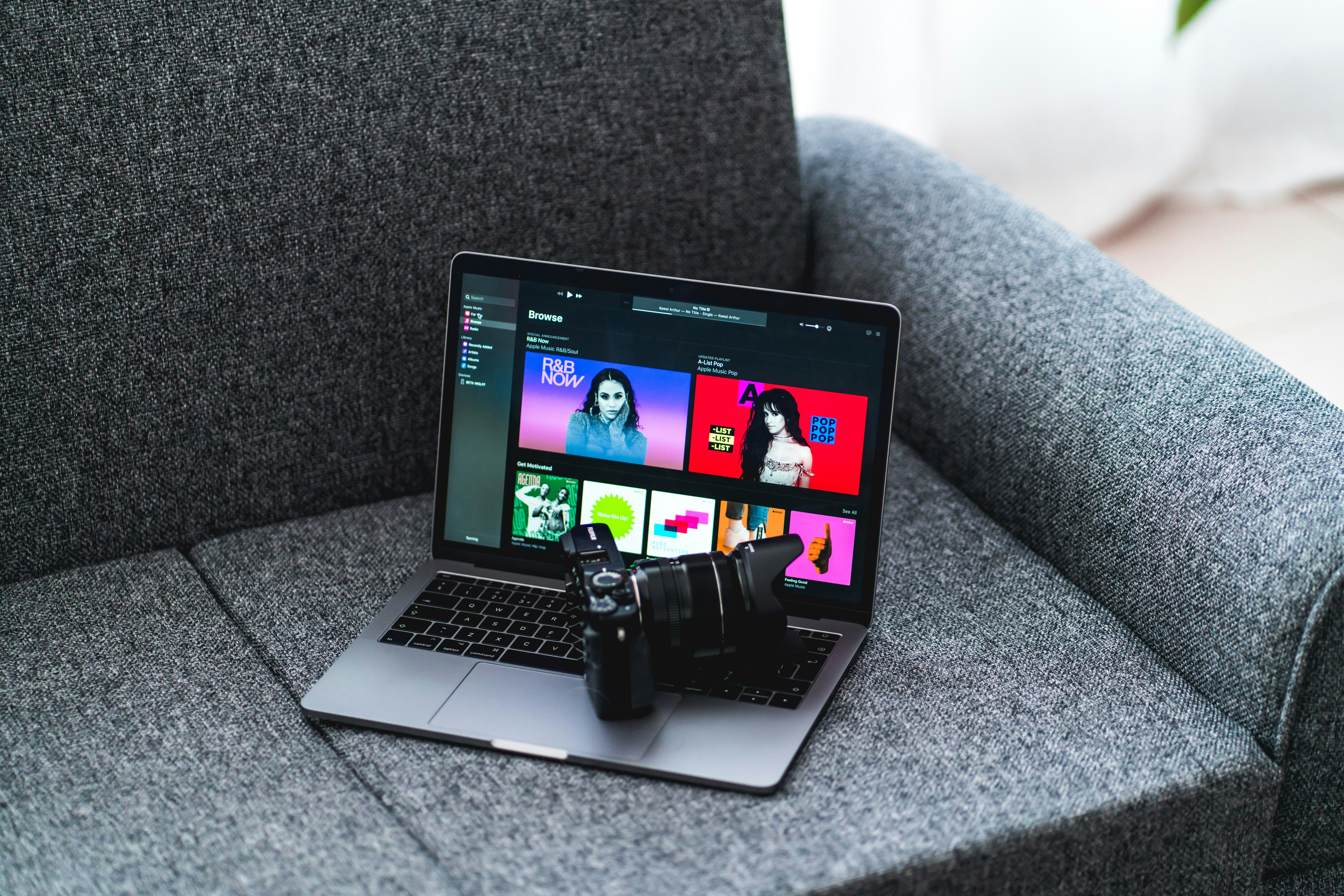 Camera On Turned Laptop Computer At Sofa Photo Free Keyboard