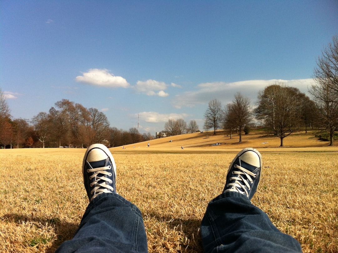 person wearing blue-and-white Converse All Star shoes while sitting on brown grass photo at daytime person wearing blue-and-white Converse All Star shoes while sitting on brown grass photo at daytime