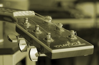 A close-up view of the headstock of an acoustic guitar with tuning pegs and strings visible. The image is in a sepia tone, giving it a vintage appearance. The guitar head features a brand logo.