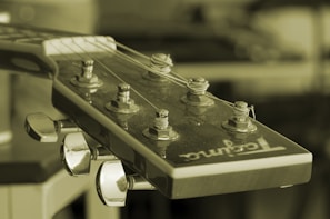 A close-up view of the headstock of an acoustic guitar with tuning pegs and strings visible. The image is in a sepia tone, giving it a vintage appearance. The guitar head features a brand logo.