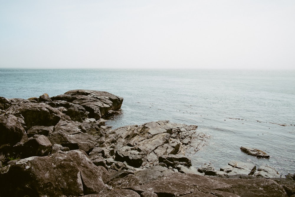 brown rocks beside body of water