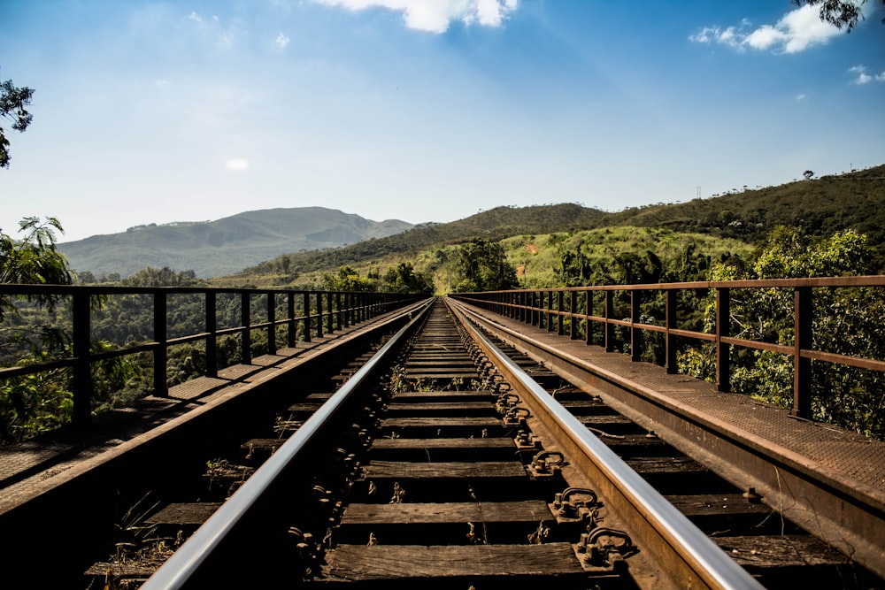 trem ferroviário sob céu branco e azul