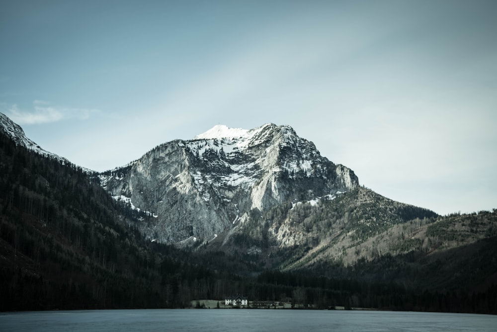 snow-covered mountain near body of water