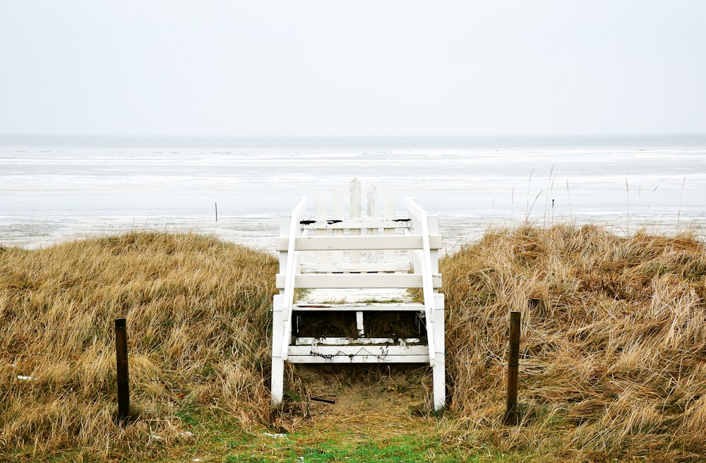 chaise en bois blanc près du plan d’eau