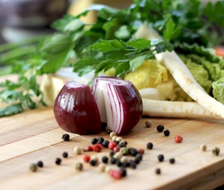 red onion on brown wooden chopping board