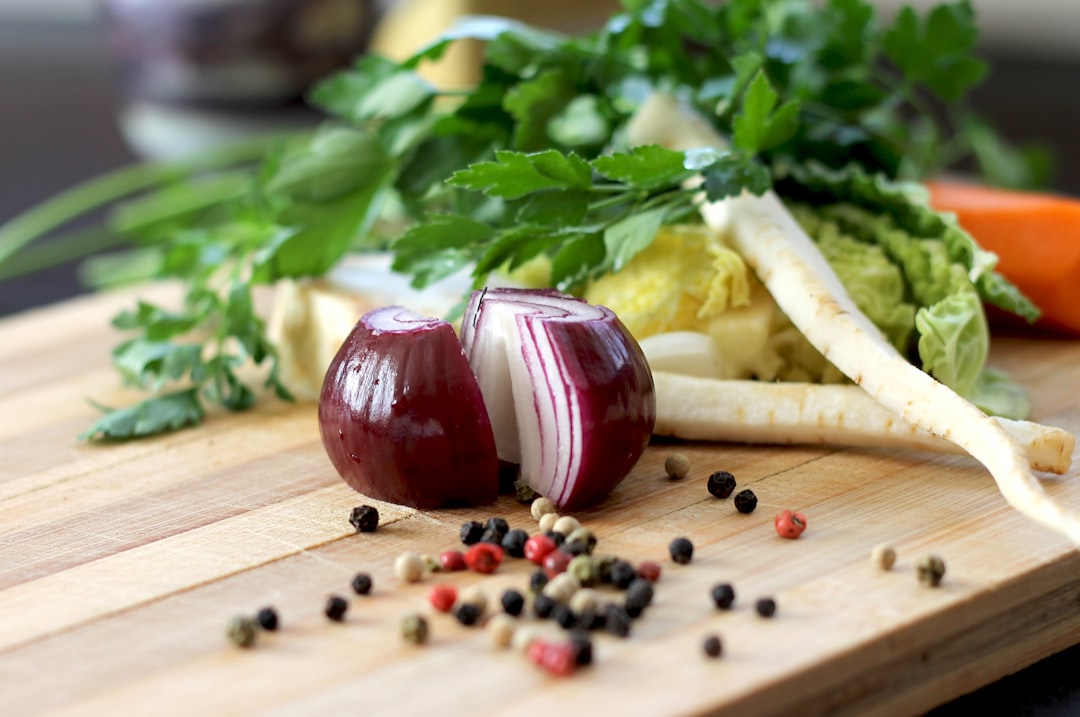 red onion on brown wooden chopping board, Cooking Ingredients