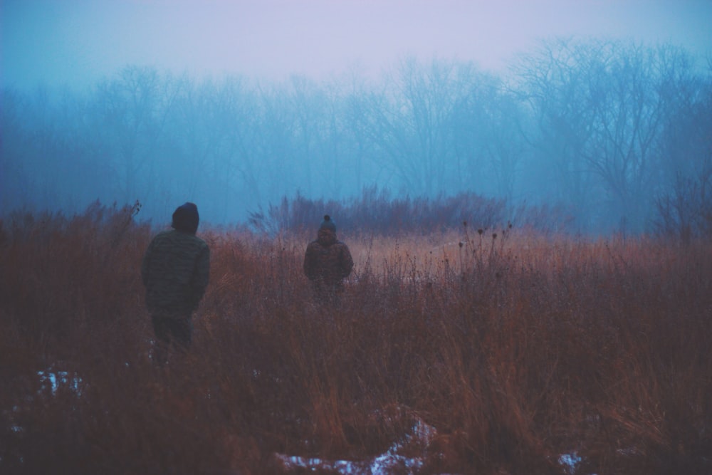 two people walking on brown grass field painting