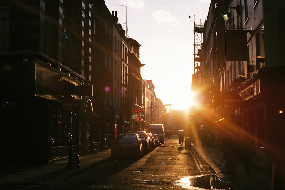 car parking near store during sunset