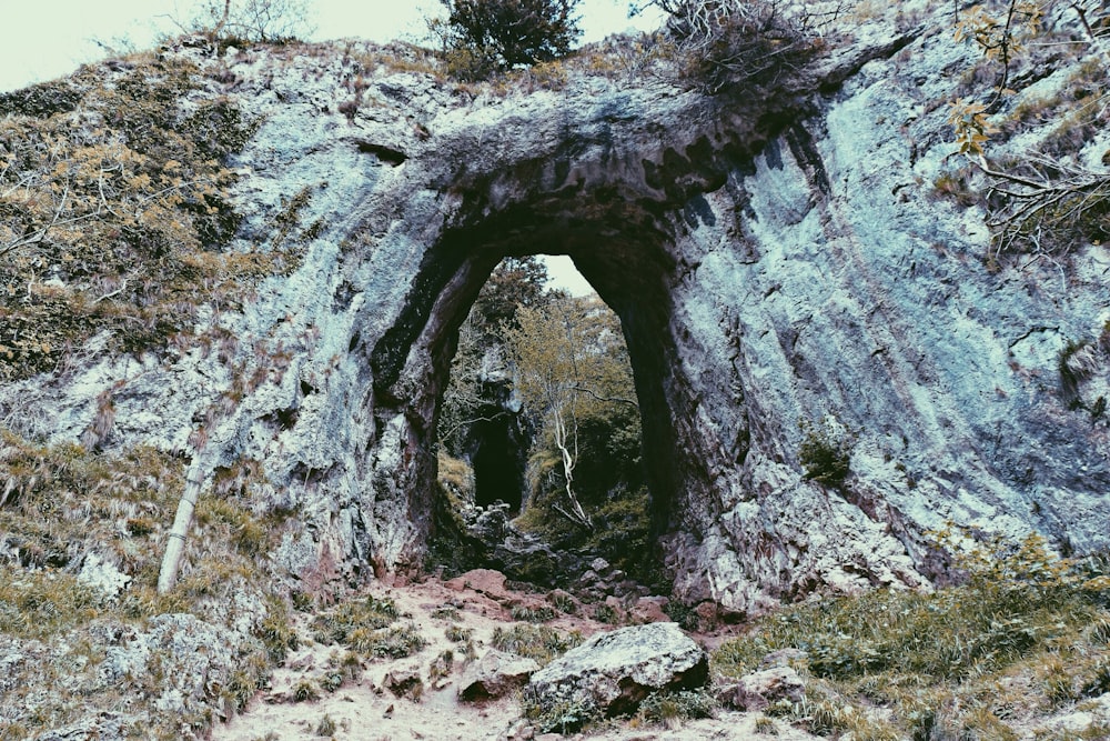 Formación rocosa cubierta de hierba verde durante el día