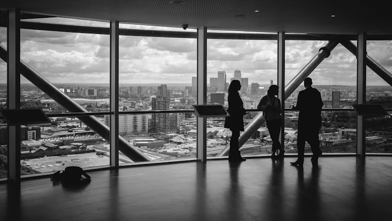 people standing inside city building