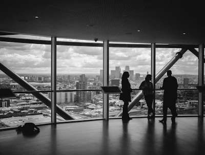 people standing inside city building