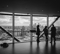 people standing inside city building