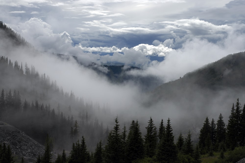 Fotografía de montaña rodeada de nieblas al aire libre