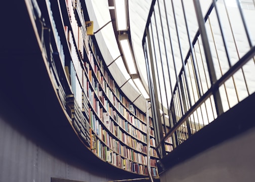 architectural interior photo of library with books and shelf
