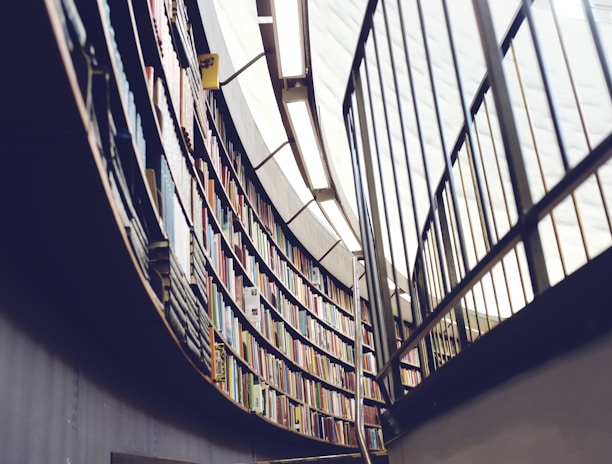 architectural interior photo of library with books and shelf
