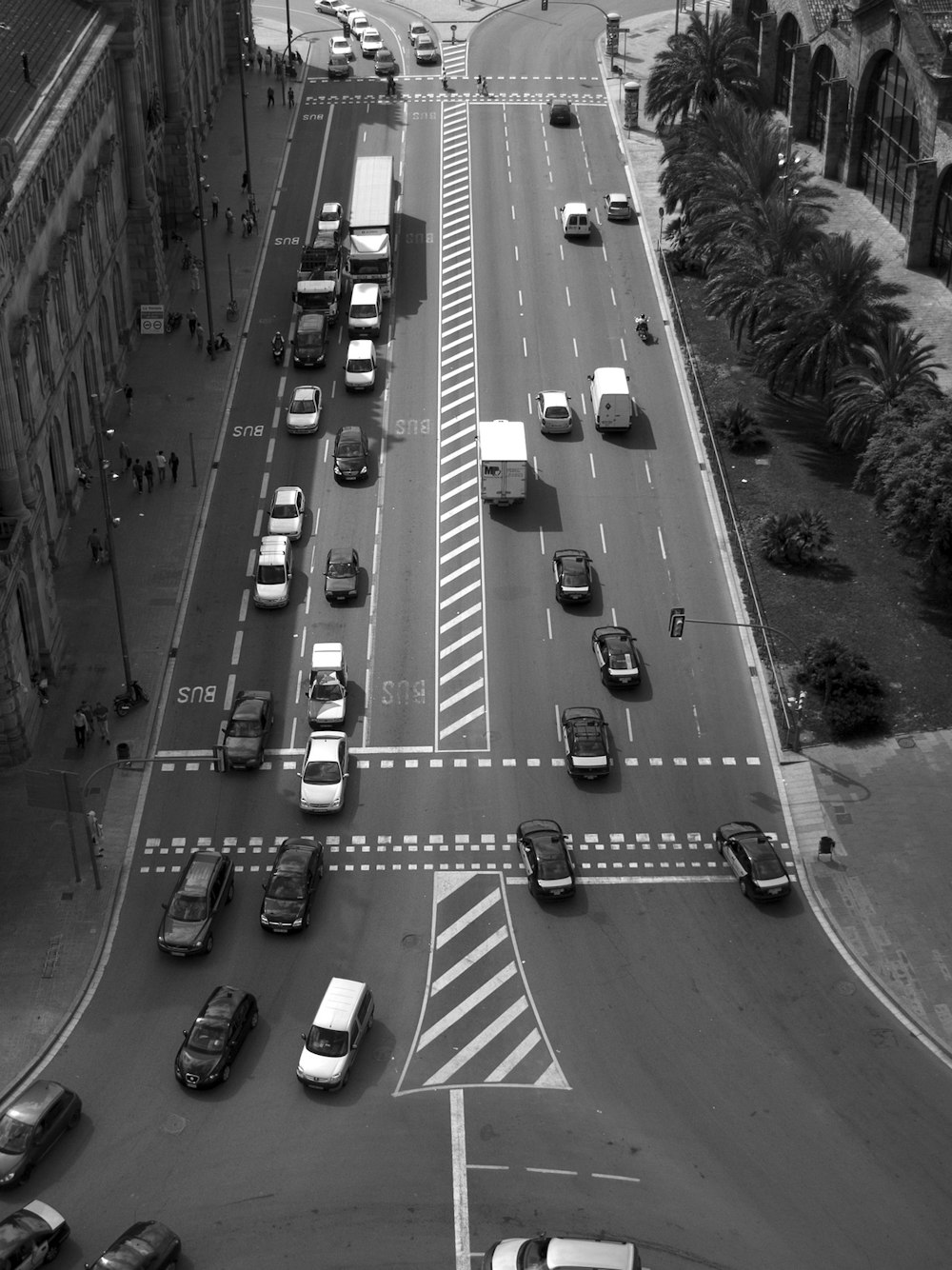 birds eye view of vehicles on road between buildings