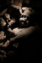 A stone statue of a cherub or angel partially illuminated against a background of twisted, gnarled wood. The cherub's serene expression and intricate details are highlighted by the contrast between light and shadow.