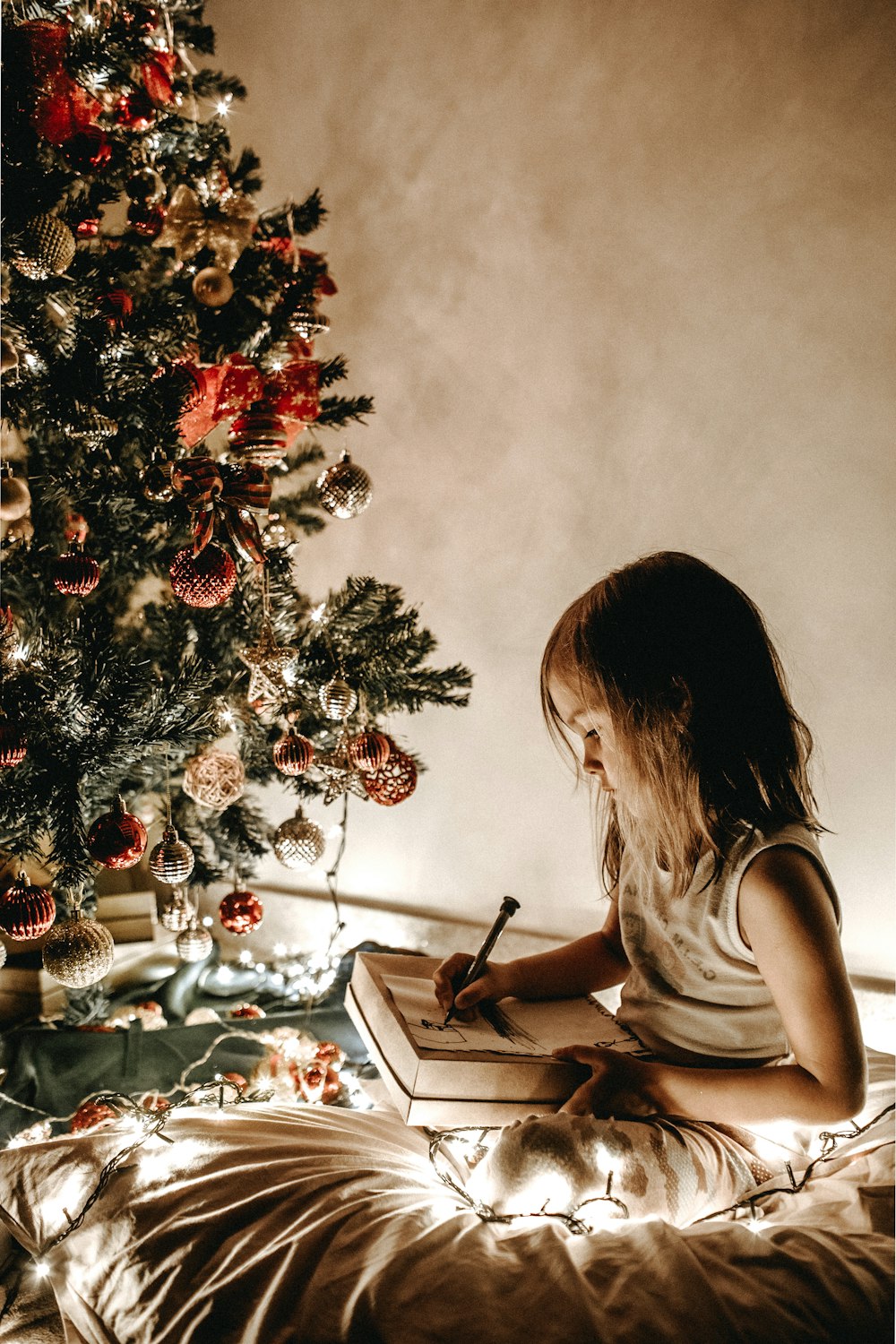 girl writing on bed