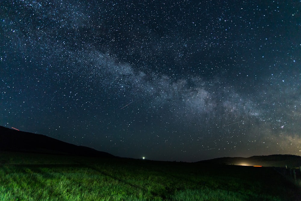 green field under starry sky