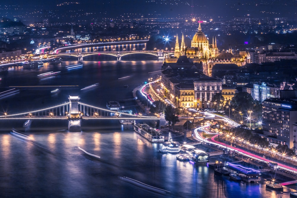 lighted city skyline at night