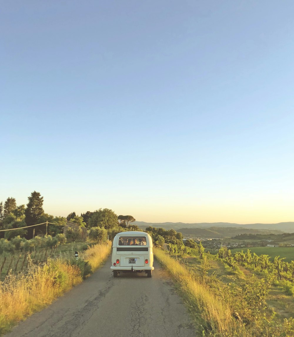 white van traveling on rough road in between green grass during sunset