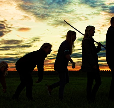 silhouette photo of group people standing on grass