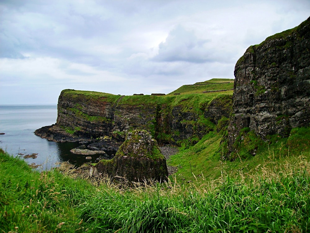 mountain cliff covered with green grass beside beach