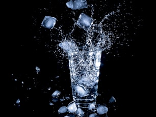 ice cubes dropped in clear drinking cup with water