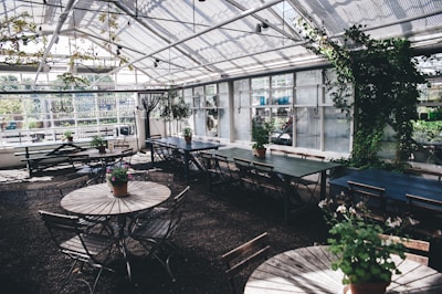 A greenhouse interior with several wooden tables and chairs arranged on a stone floor. The space is brightened by natural light streaming in through large glass windows. Various potted plants adorn the tables and walls, creating a fresh and lively atmosphere. Greenery climbs up some of the interior structures, adding to the organic and tranquil setting.