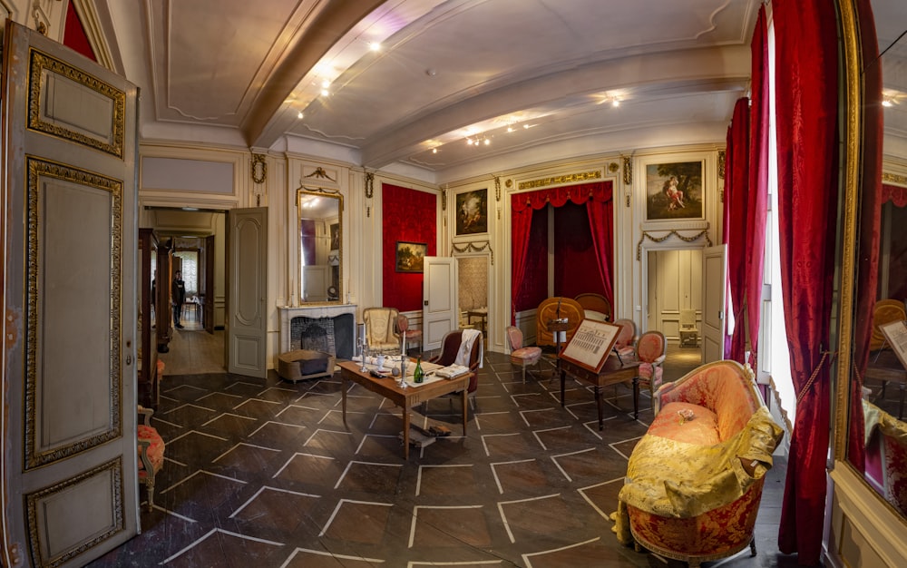 room with red curtains