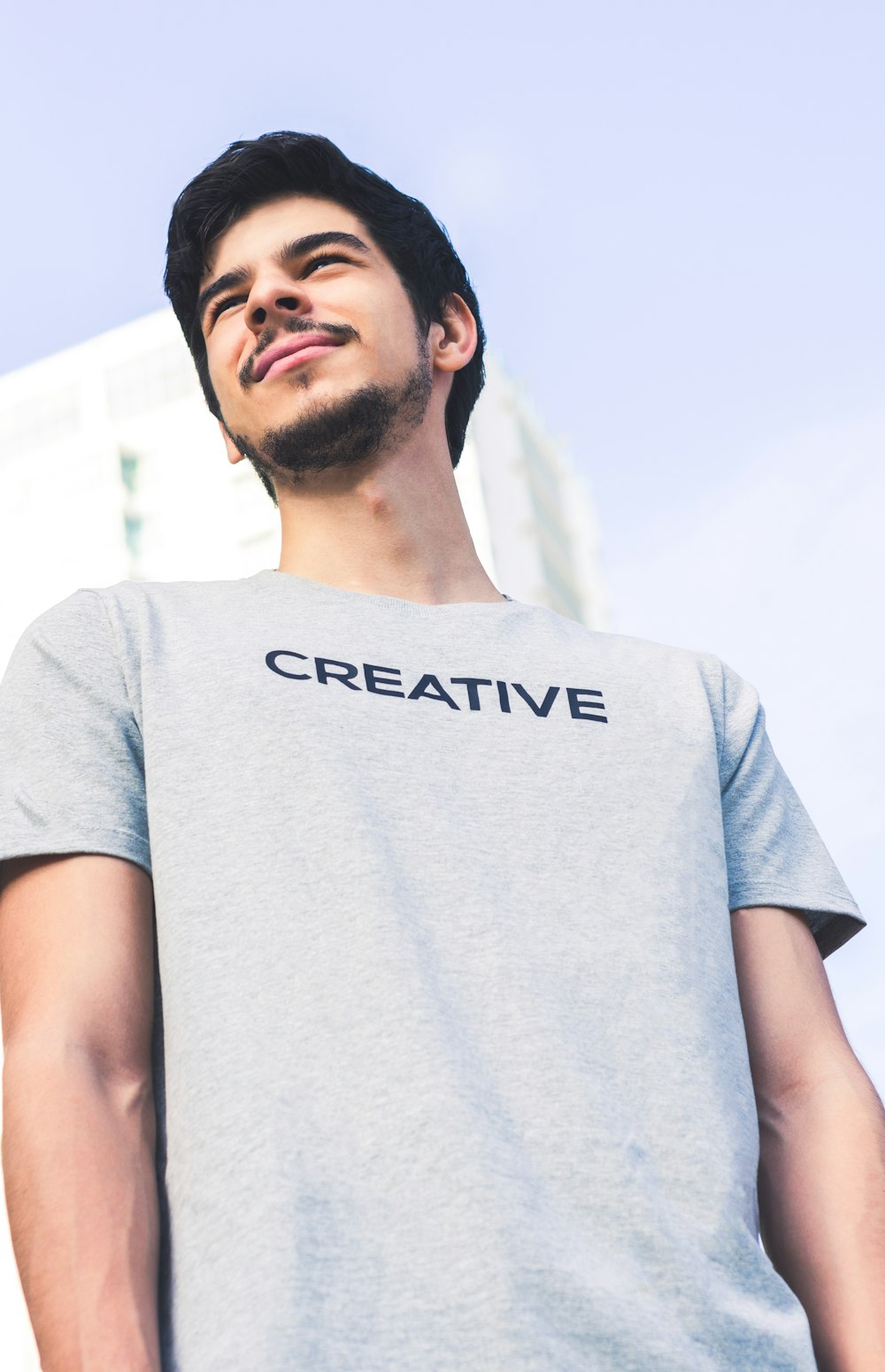 man in gray Creative crew-neck shirt