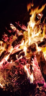 Burning logs with bright orange and yellow flames, emitting sparks and creating an intense glow. The fire is consuming the wood, turning it into blackened char and red embers.