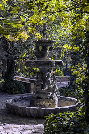 A serene water fountain surrounded by lush greenery and stones.