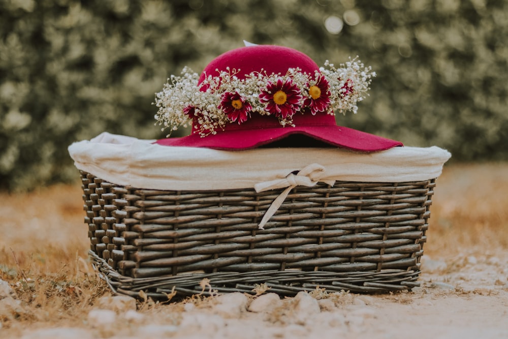 pink hat on basket