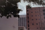 A view of a cityscape with multiple buildings. In the center, a tall building features the phrase 'BUILDING THE FUTURE' at the top. The scene is framed by leafy trees, creating a juxtaposition between nature and urban architecture. The sky appears overcast, adding a muted lighting to the scene.