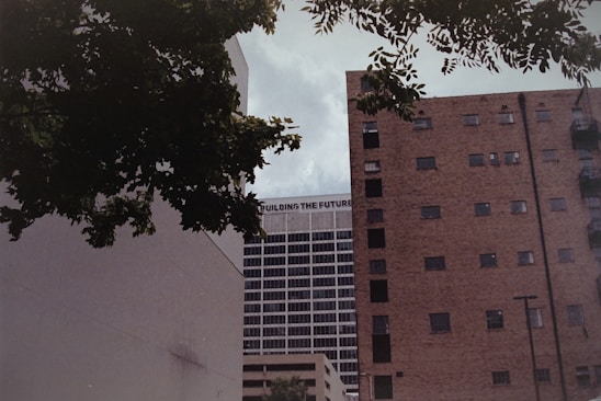 A view of a cityscape with multiple buildings. In the center, a tall building features the phrase 'BUILDING THE FUTURE' at the top. The scene is framed by leafy trees, creating a juxtaposition between nature and urban architecture. The sky appears overcast, adding a muted lighting to the scene.