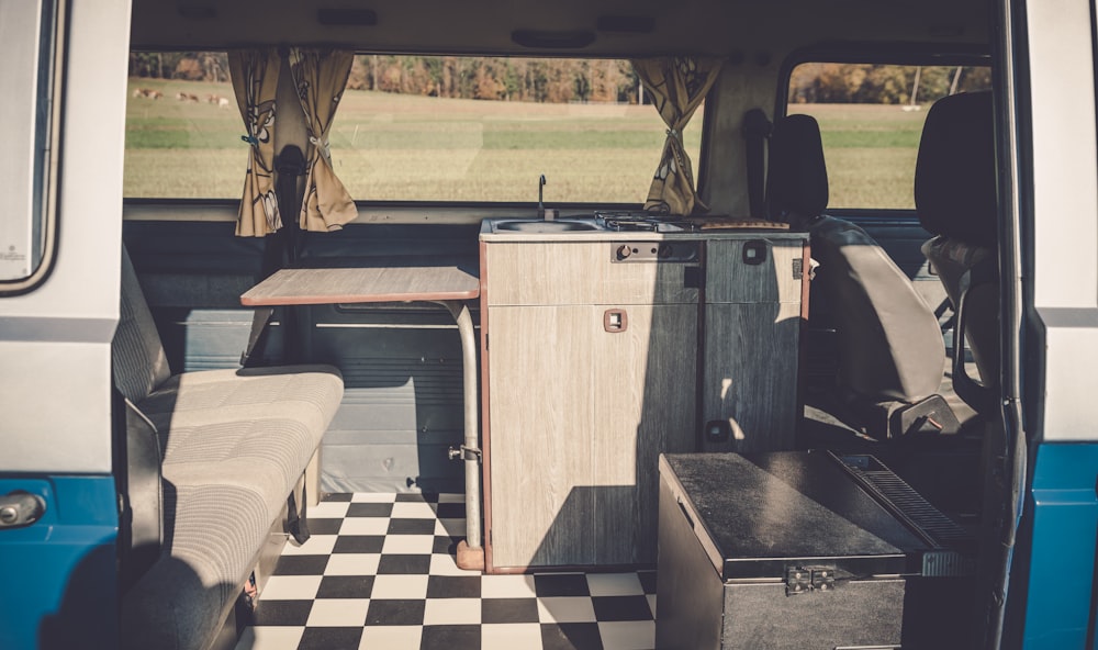 table and cabinet inside vehicle