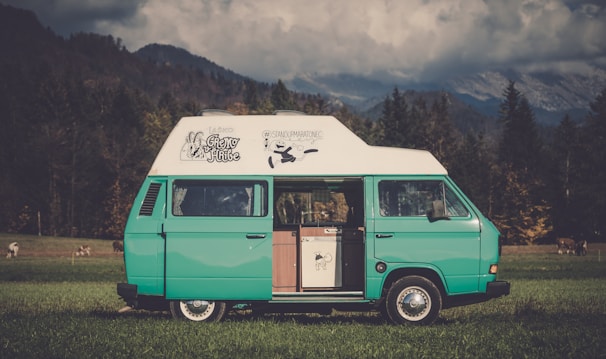 A classic teal and white camper van is parked on a lush green field with mountains in the background. The van features graphics and text on its roof, and its side door is open to reveal cabinets inside. Cows can be seen grazing in the field, adding to the serene rural setting. The sky is partly cloudy, casting a soft light over the scene.