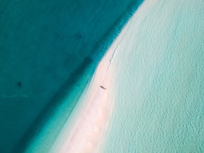 A stunning aerial view of a sandbar with clear turquoise water surrounding it. The sand is pristine and white, while the ocean gradually deepens to a rich teal blue. Two small figures are visible on the sandbar, highlighting the expansive and serene environment.