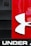 A large, bold logo featuring the brand 'Under Armour' is prominently displayed. The design includes a distinctive white emblem resembling an abstract 'U' and 'A' intertwined, set against a backdrop of black and red panels. The word 'UNDER' is written in capital letters below the logo in white.
