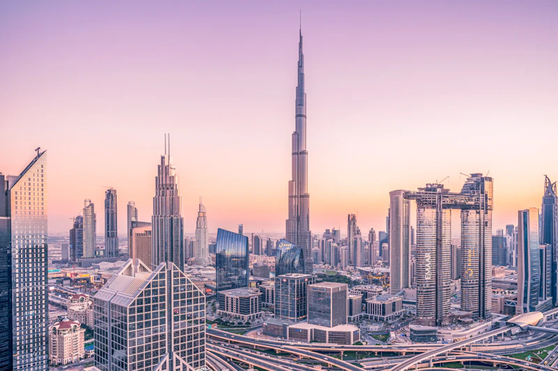 Dubai skyline with Burj Khalifa in soft evening light
