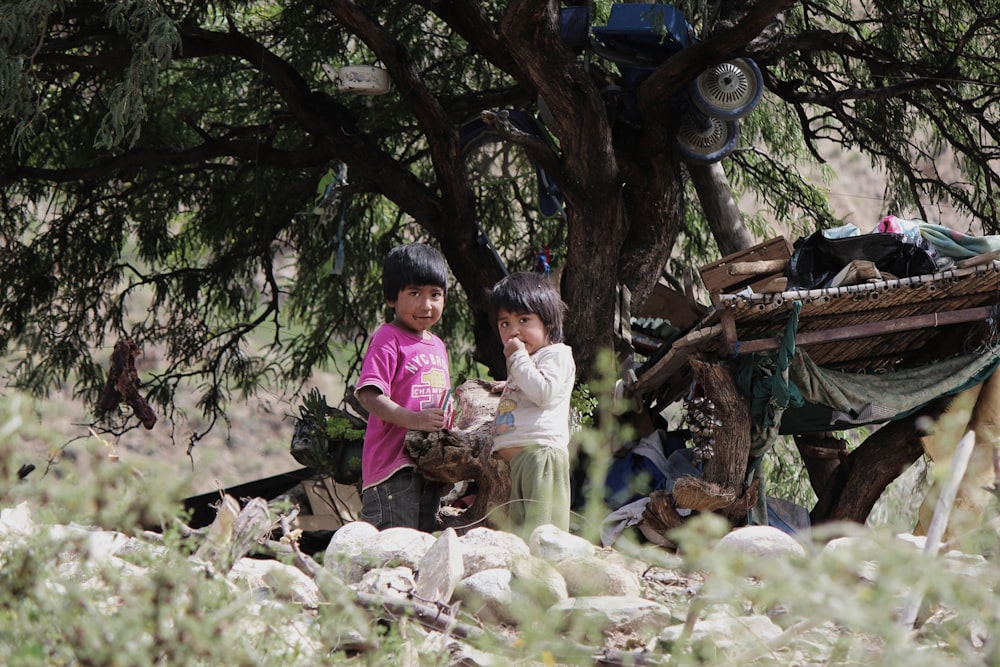 two children playing under tree
