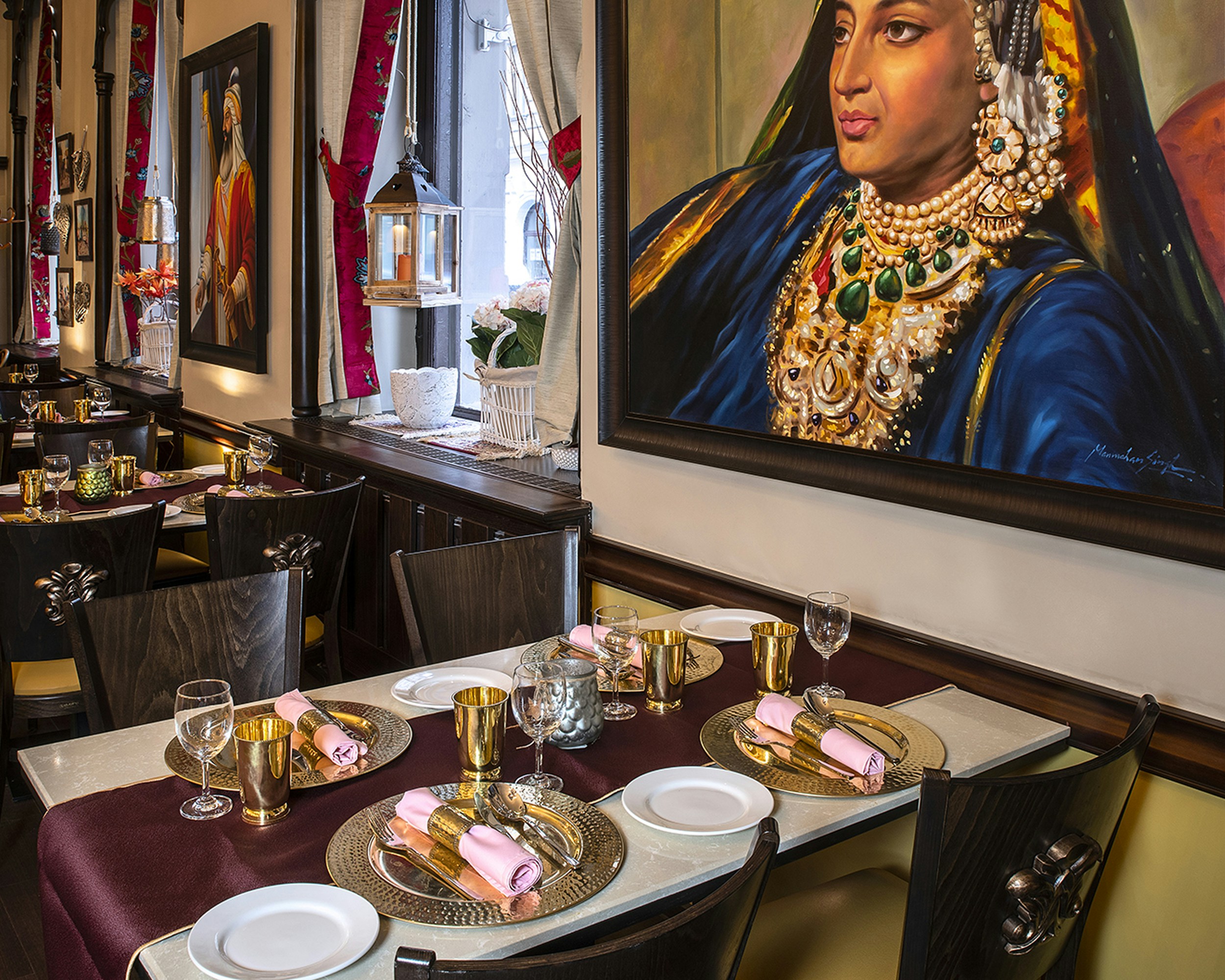 A vibrant dining space adorned with tasteful tableware.