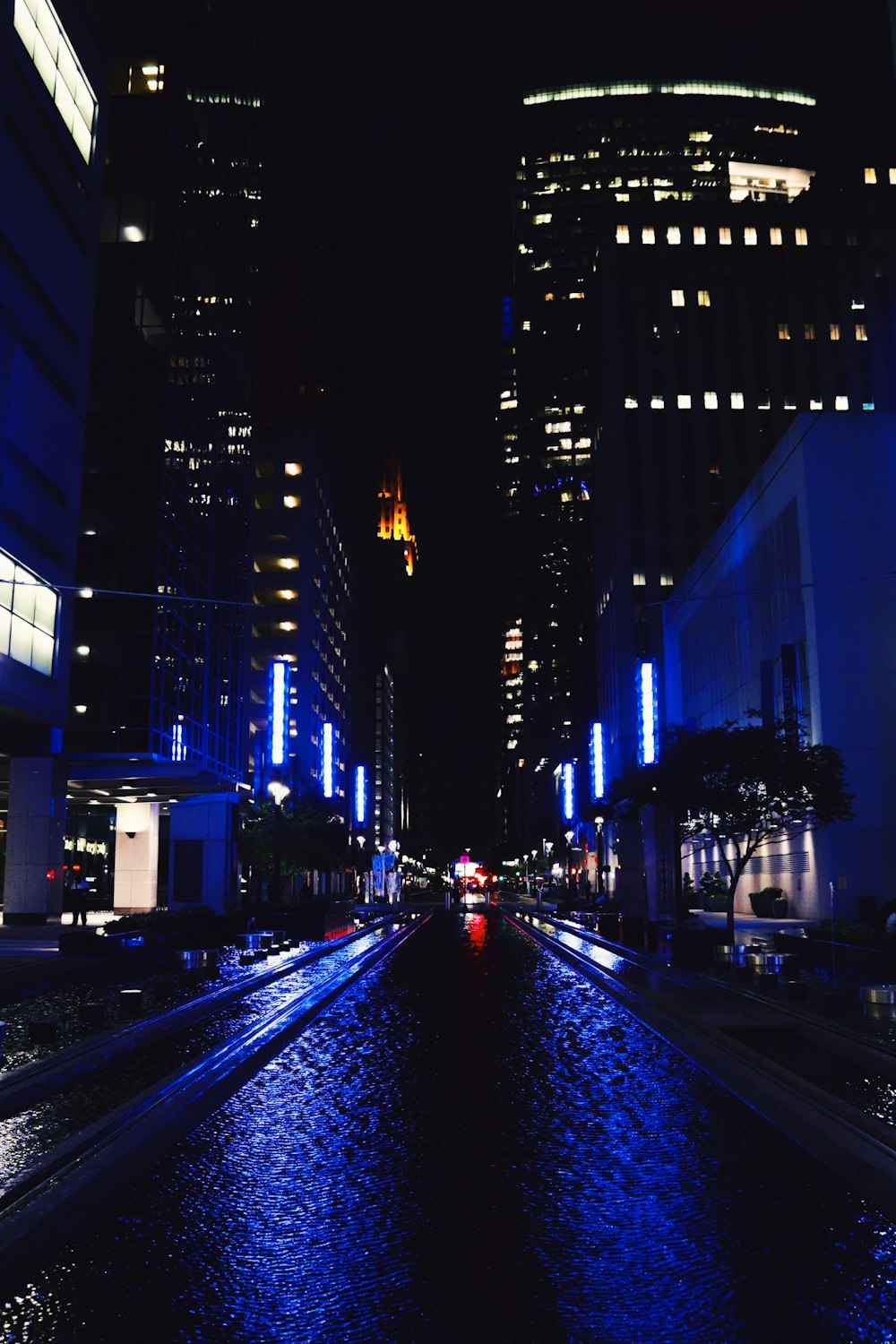 road between concrete building during nighttime