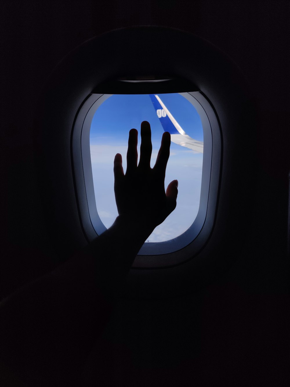person in plane touching glass window