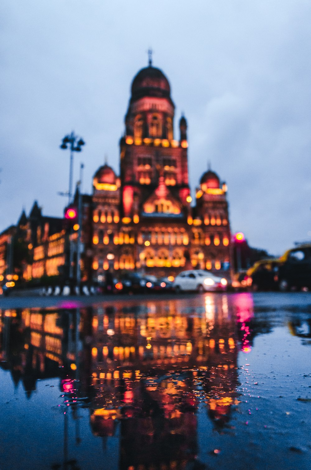 lighted cathedral at dusk