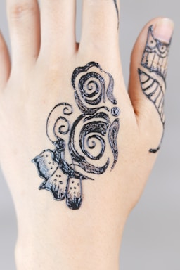 A close-up of a hand with intricate black henna designs covering the skin. The pattern features swirling lines and a butterfly motif, combined with abstract shapes extending to the fingers.