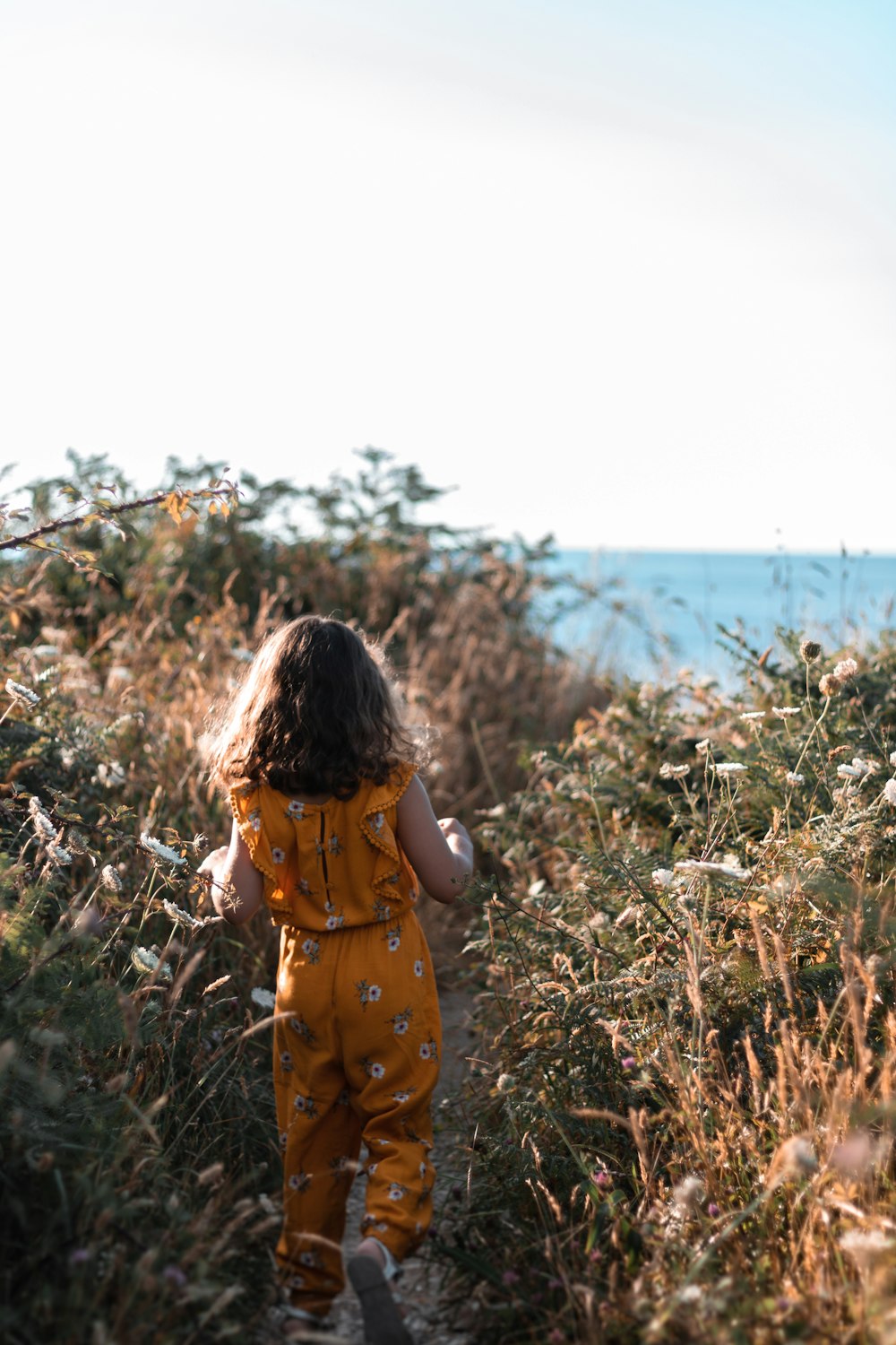 girl walking between brown grasses