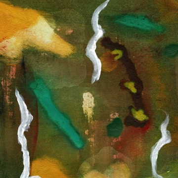 An abstract painting featuring bold swaths of color with a textured, painterly feel. Shades of green, yellow, and brown intermingle with streaks of white and teal, creating an organic and fluid composition.
