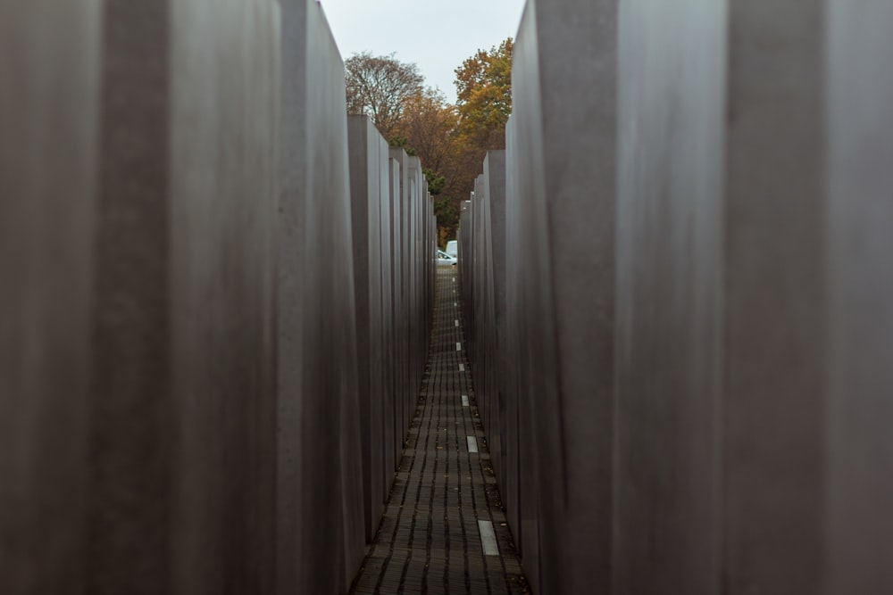 a long row of cement walls with trees in the background